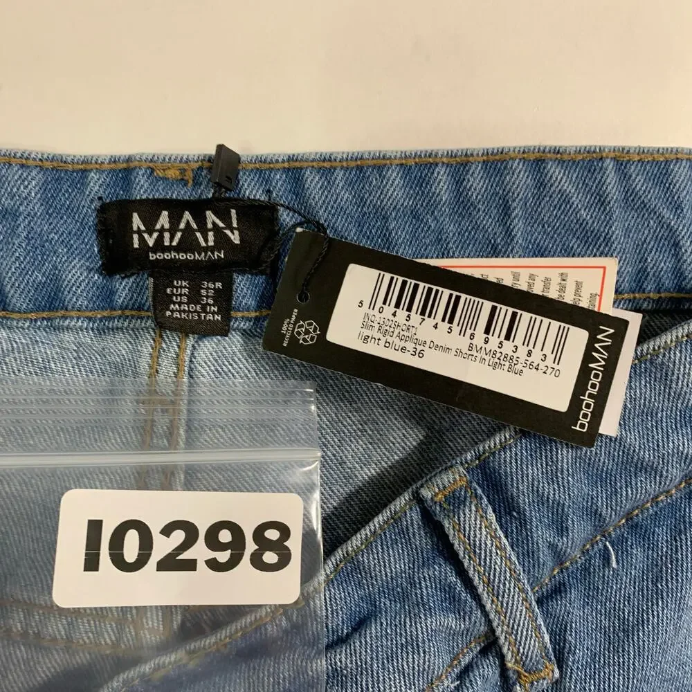 BoohooMan 36 NEW Slim Rigid Applique Jean Shorts In Light Blue Streetwear